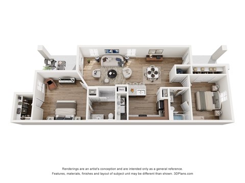 A 3D floor plan of a house with a kitchen, living room, and two bedrooms.
